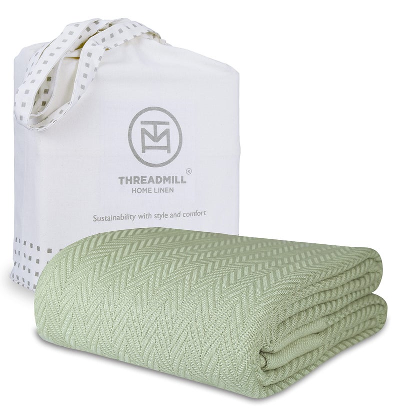 Threadmill Luxury Cotton Blankets Queen Size | All-Season 100% Cotton Blanket for Queen/Full Size Bed | Herringbone Soft Breathable | Sage Green - Image 1